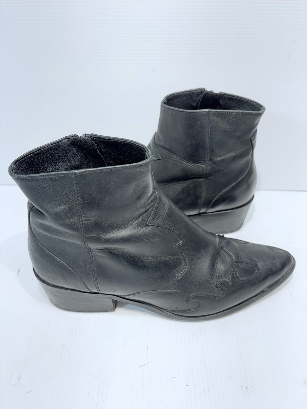 ICHI Black Leather Women's Ankle Boots - Western Style - Size 6.5 (EU 37)